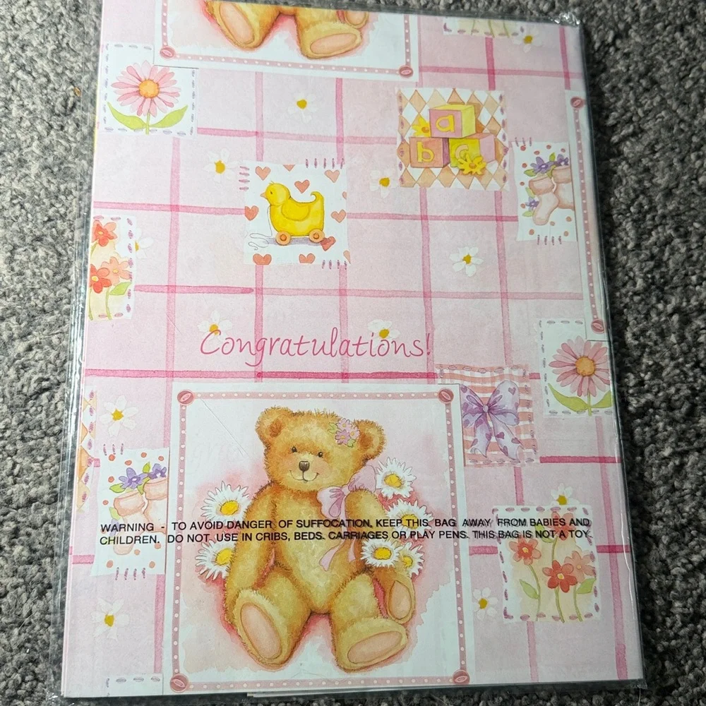 5/$25 VINTAGE Baby Girl Congratulations Wrapping Paper Teddy Bear Blocks